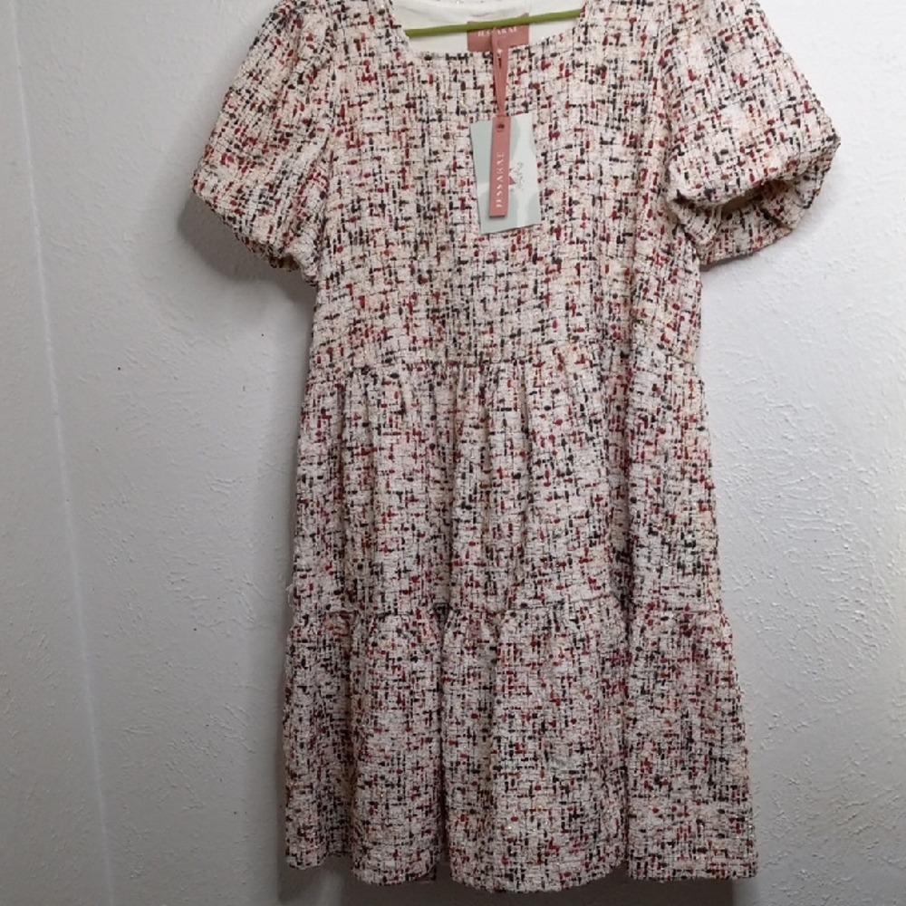 JessaKae Tweed Mini Dress, Red, Green Gold Fleck On Cream Backround. NWT, SM